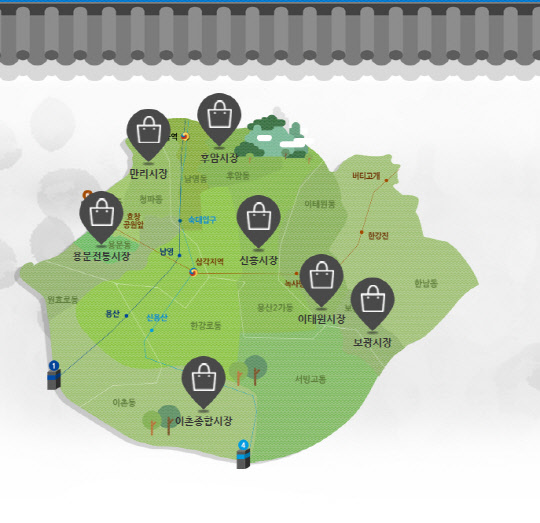 용산 용문시장 위치 약도. 효창공원 역과 매우 가까운 곳에 있다. 용산구청 홈페이지 화면 캡처.